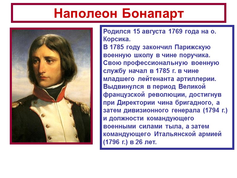 Наполеон Бонапарт Родился 15 августа 1769 года на о. Корсика. В 1785 году закончил